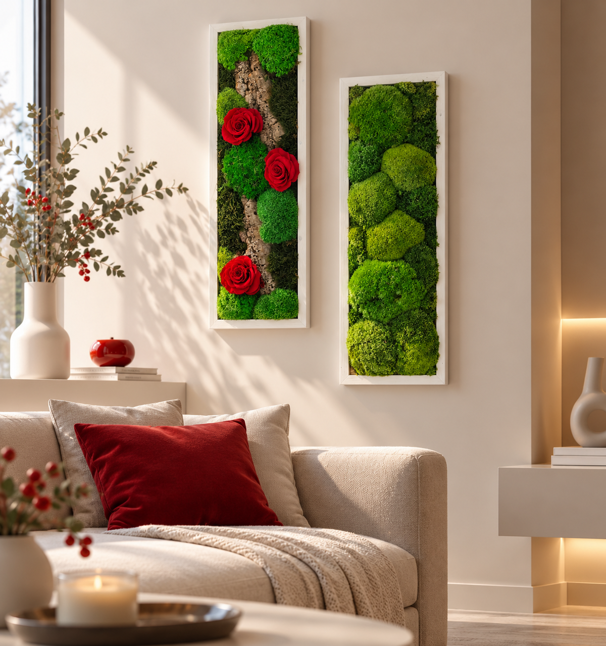 Collezione Romantica, coppia di cornici botaniche con rose rosse stabilizzate e polemoss