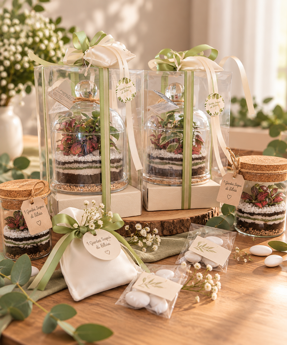 Bomboniere artigianali per Prima Comunione con terrarium di piante vere in vetro, confezioni eleganti con nastri verde salvia e avorio, confetti e dettagli botanici, realizzate da I Giardini Sospesi di Silvia.