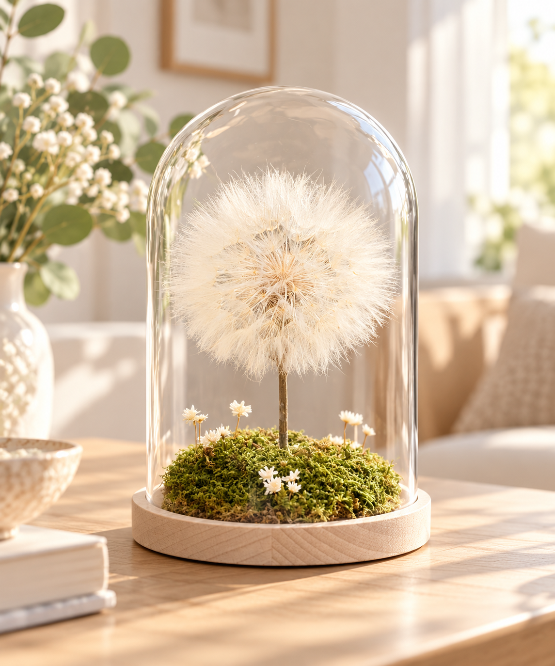 Soffione bianco stabilizzato sotto campana di vetro con base in legno, muschio e piccoli fiori, ambientato in un soggiorno luminoso dallo stile minimal.