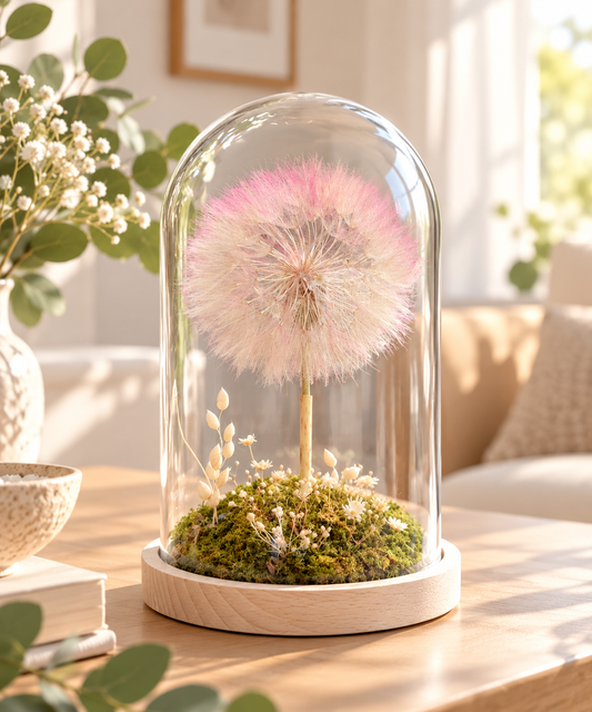 Soffione rosa decorativo sotto campana di vetro con base in legno, muschio e piccoli fiori bianchi, su un mobile chiaro in un ambiente moderno e luminoso.