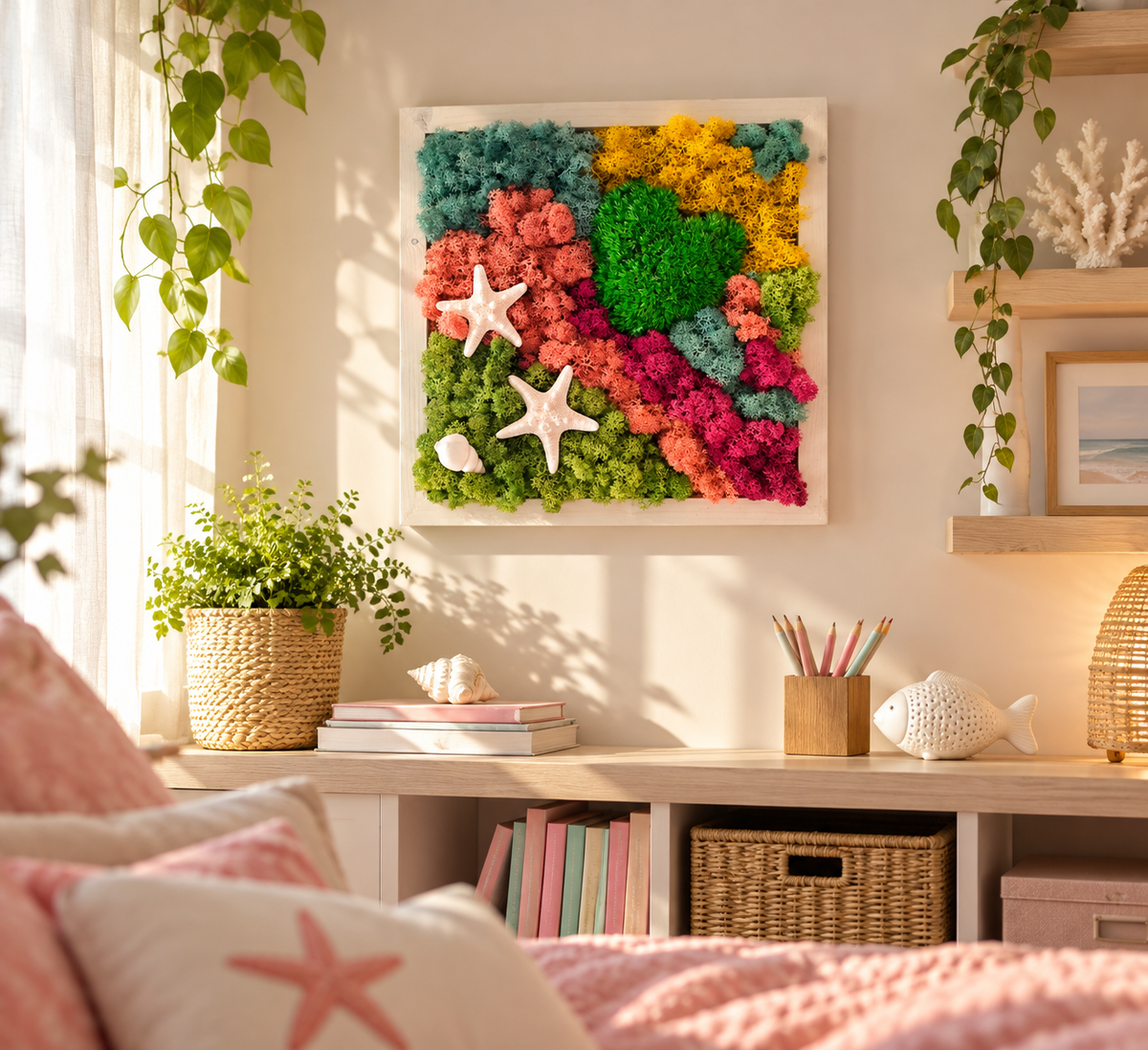 Quadro botanico con muschio stabilizzato multicolore, cuore verde, stelle marine e conchiglia, in cornice di legno naturale appesa a una parete chiara.