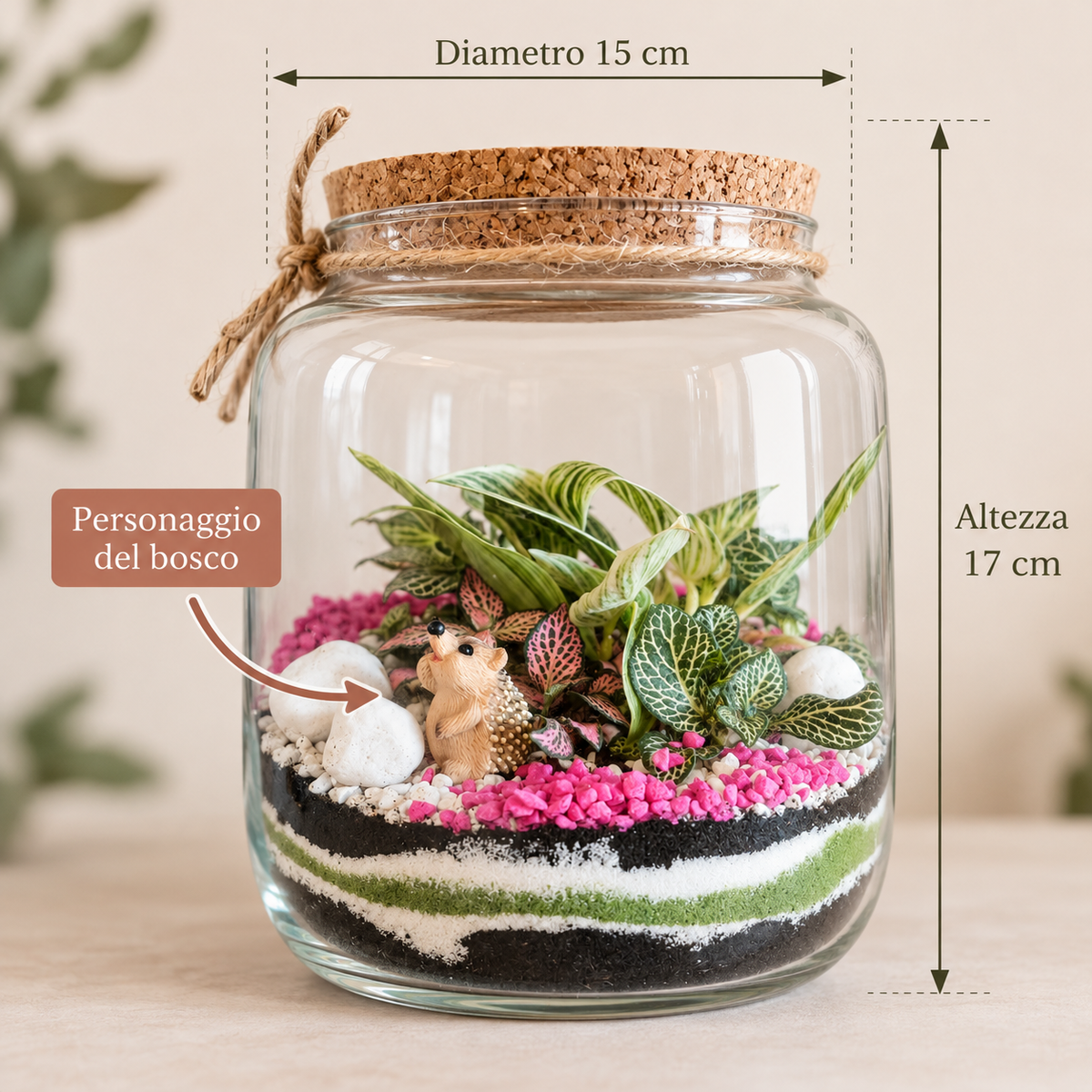 Terrarium bosco incantato con piante vere e personaggio del bosco : Riccio 