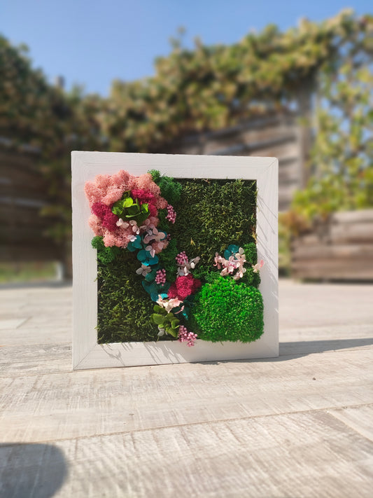 Cornice botanica con ortensie stabilizzate azzurre ,rosa e lichene colorato 