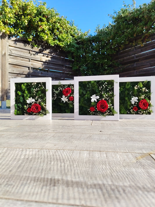 Cornice vegetale “Romantic” – rose stabilizzate rosse e Orchidea bianca