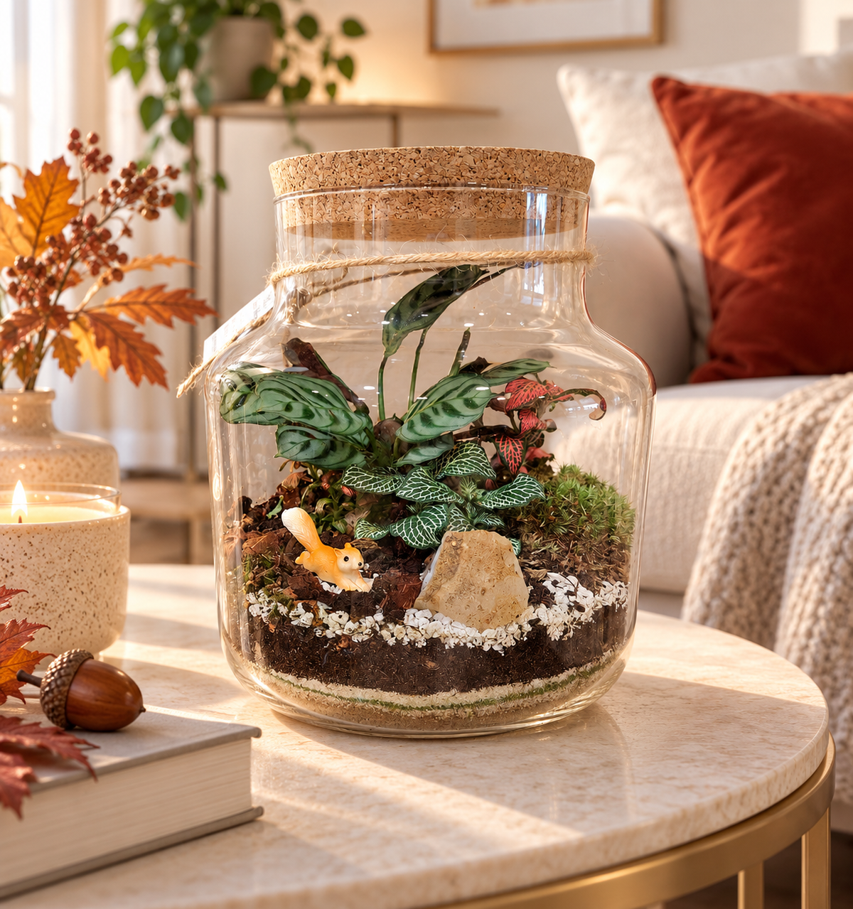 Terrarium Bosco Incantato con piante vere e scoiattolino decorativo, ambientato su un tavolino accanto al divano.