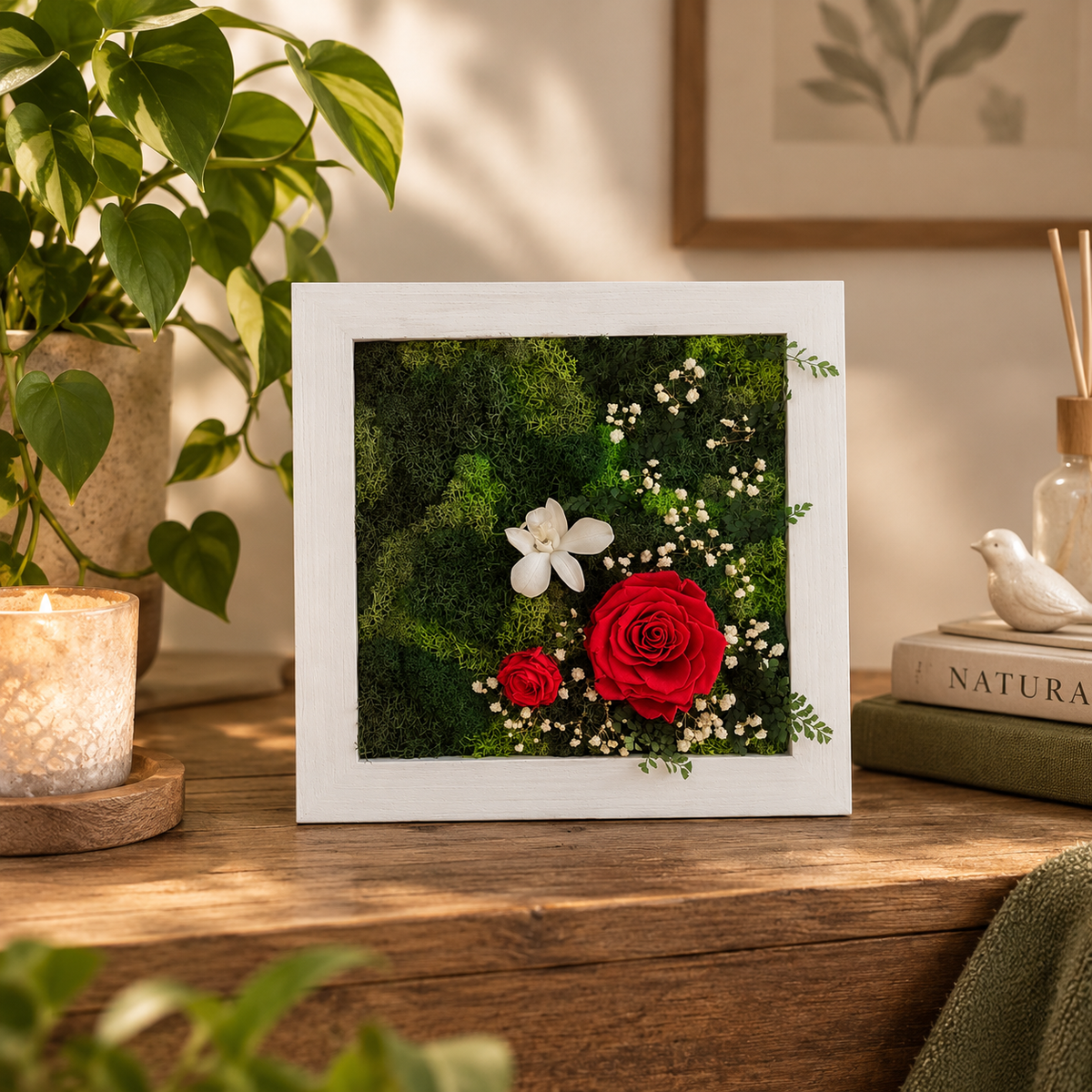 Cornice vegetale “Romantic” – rose stabilizzate rosse e Orchidea bianca